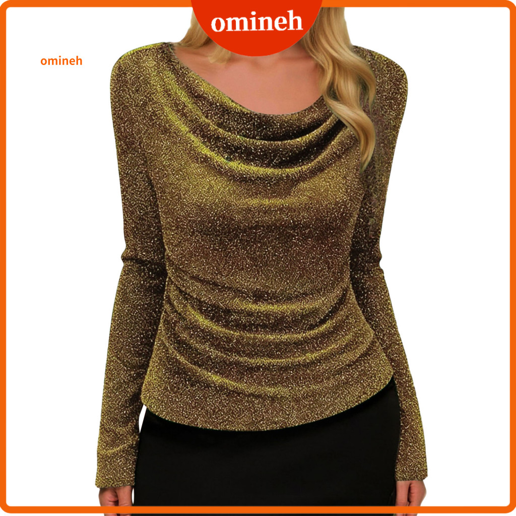 Simple Design Top Non-see-through Tee Women’s Off Shoulder Long Sleeve Slim Fit T-shirt Glitter Solid Color Stretchy P
