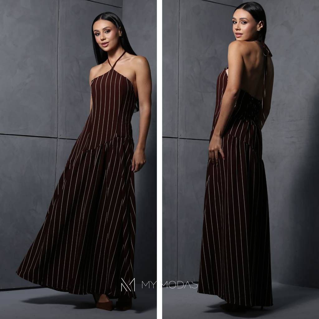 Vestido Feminino Longo Frente Unica Com Estampa Risca De Giz Look Moderno De Alta Qualidade