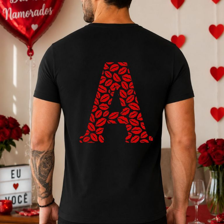 Camiseta Presente Dia dos Namorados Casal Beijos Estampa Frente e Costas Data Comemorativa Namorados