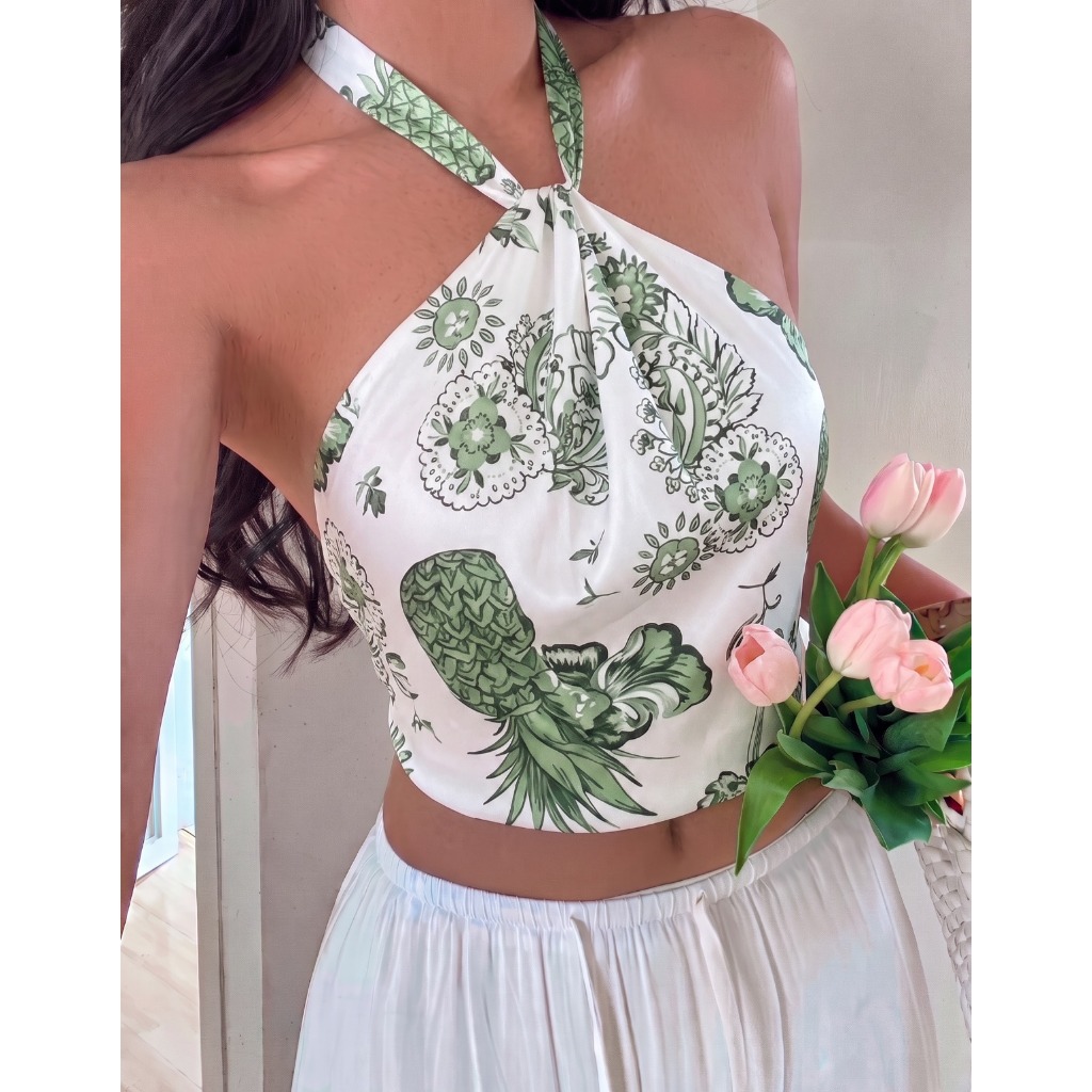 Cropped Feminino Frente Única Gola Boba Regata Fresquinha Estampa Floral Moda Blogueira Verão