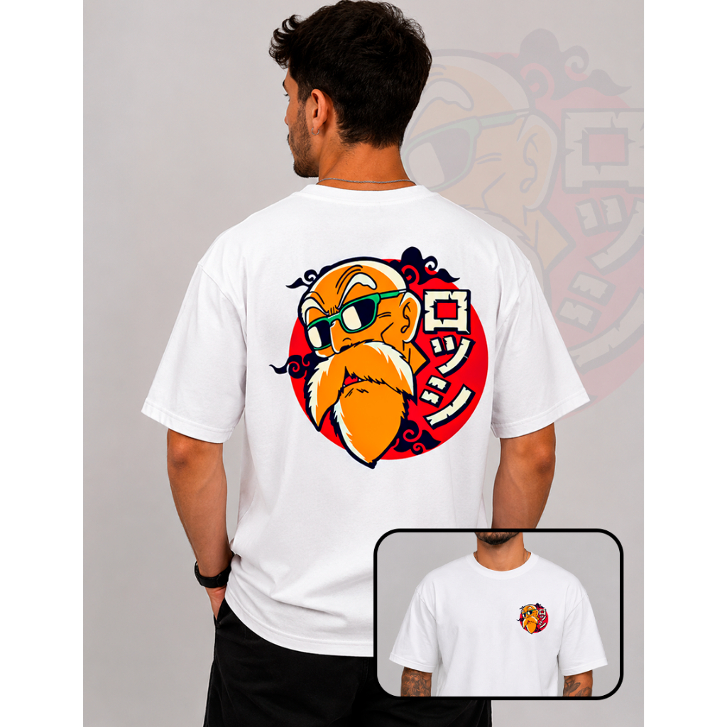 Camiseta MESTRE KAME GOKU Streetwear Estampa Frente e Costas 100% Algodão Unissex Anime Mangá