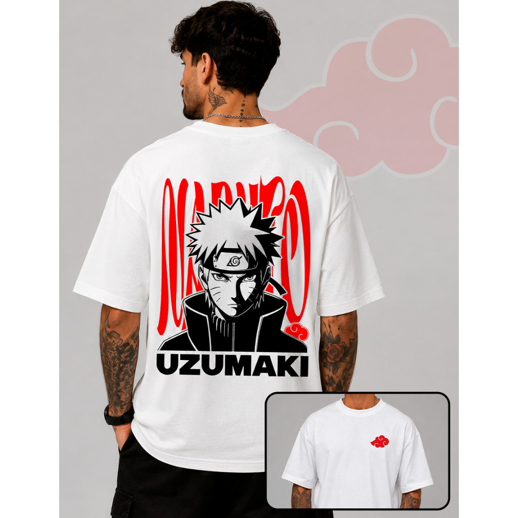 Camiseta NARUTO UZUMAKI Streetwear 100% Algodão Estampa Frente e Costas Unissex Camisa Premium