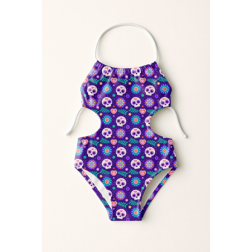 Maiô Infantil Frente Única Menina Feminino Moda Praia Natação Banho Estampas Caveiras Psicodélicas