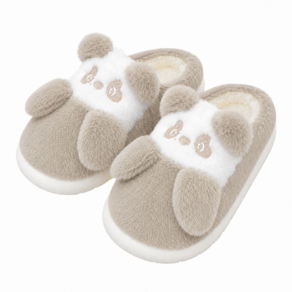 Pantufa Infantil Urso Panda Bege Frio Quarto Inverno Pelucia Menino Criança Aconchegante Térmica Unissex Antiderrapante