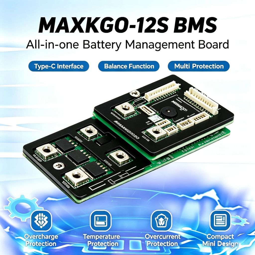 MAXKGO 12S 200A Smart All-in-one BMS Sistema De Gerenciamento De Bateria De Lítio Tipo-C Placa De Equilíbrio De Proteção