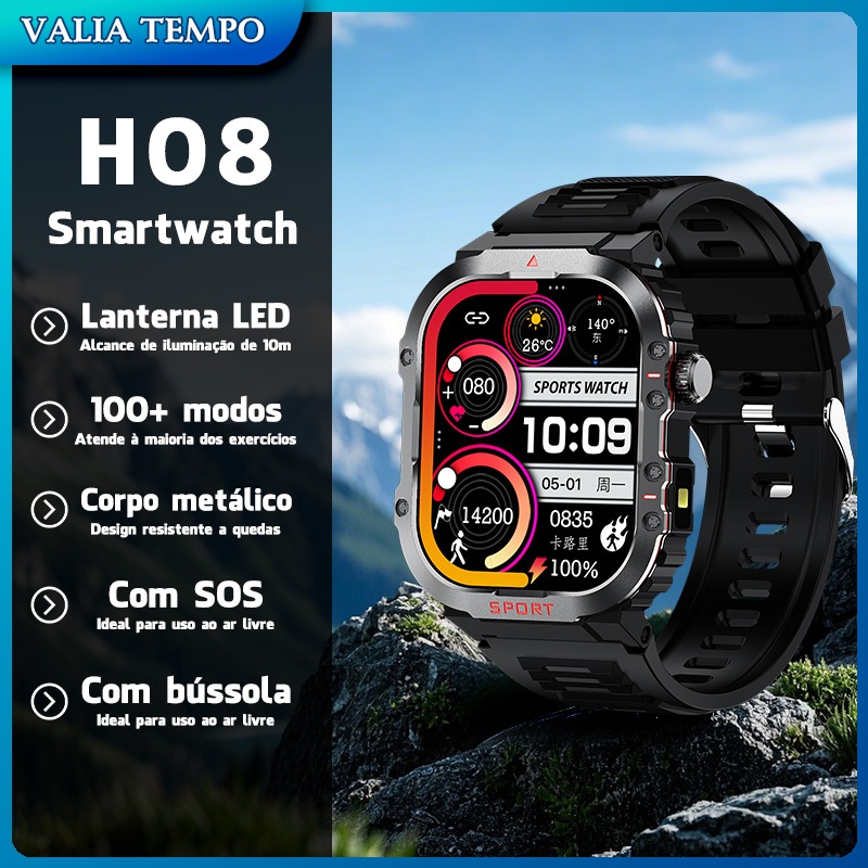 Smartwatch H08 Outdoor 30 DIAS de Bateria  Bússola Integrada | Monitor de Batimento  Oxigênio, IP68  Android/iOS