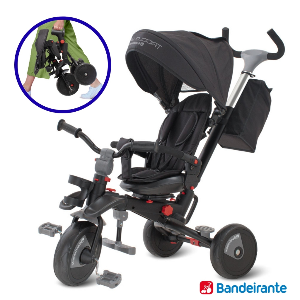 Triciclo Infantil Dobrável Gira 360º Smart Bandeirantes Motinho com Empurrador para Bebê
