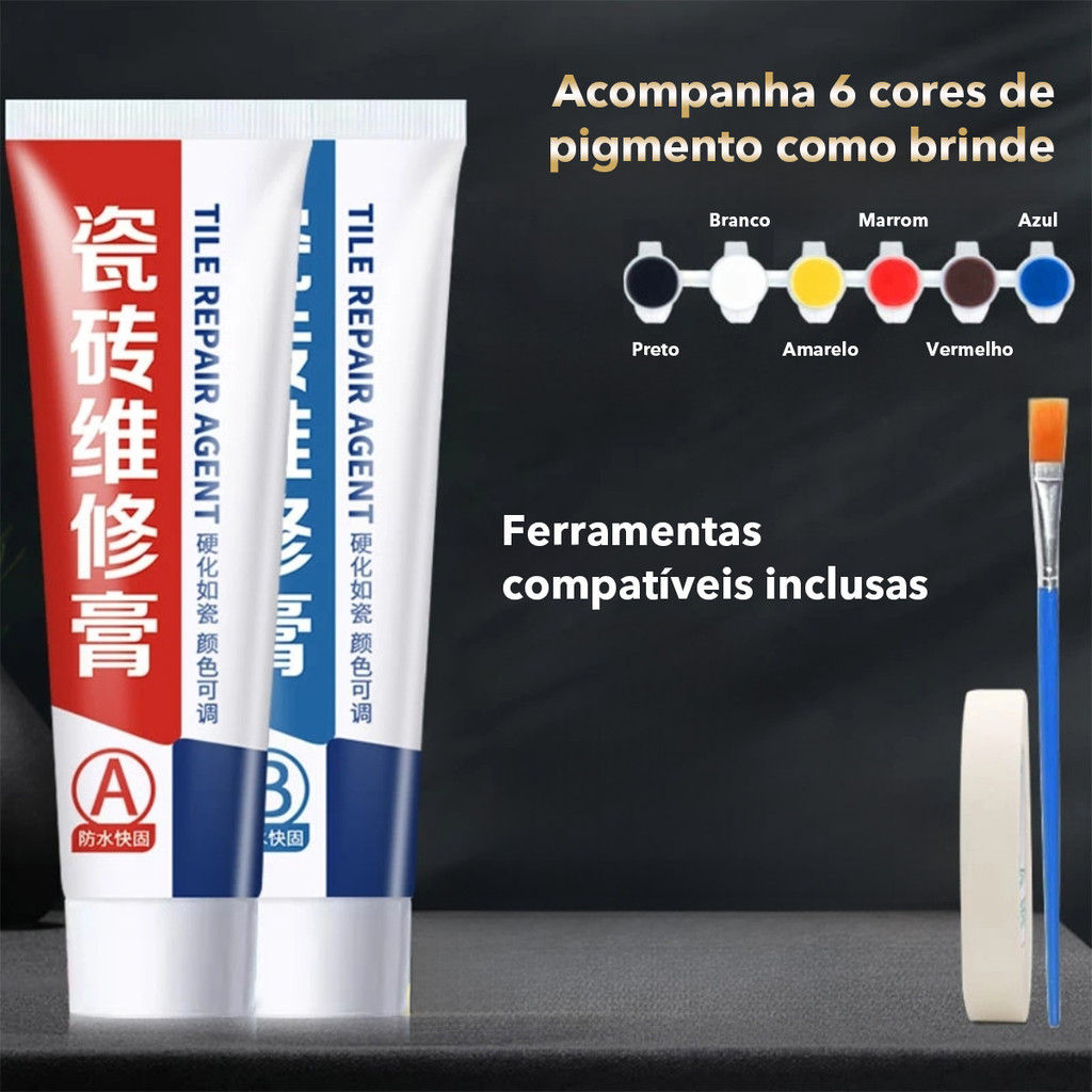A resina epóxi AB Tile Repair contém 6 pigmentos coloridos, fita decorativa e pincéis
