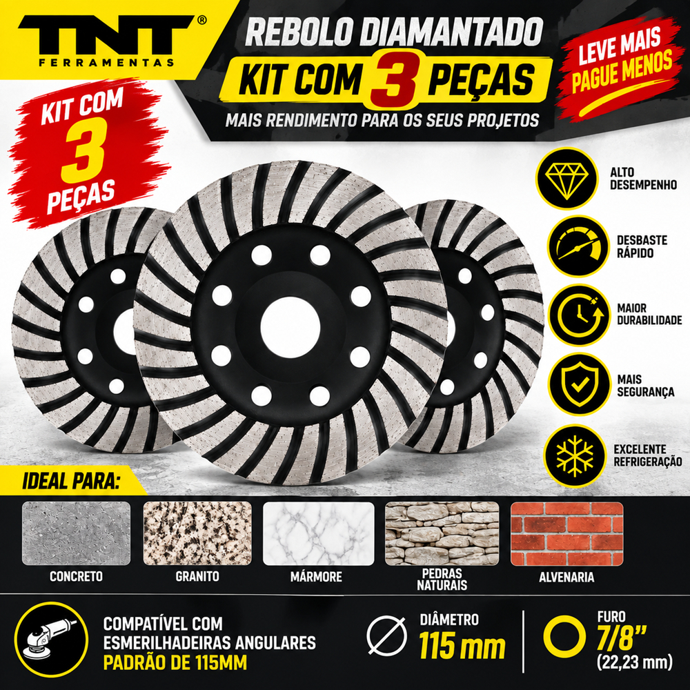 Kit 03pçs Rebolo Fresa Disco Desbaste Concreto Granito Mármore Piso