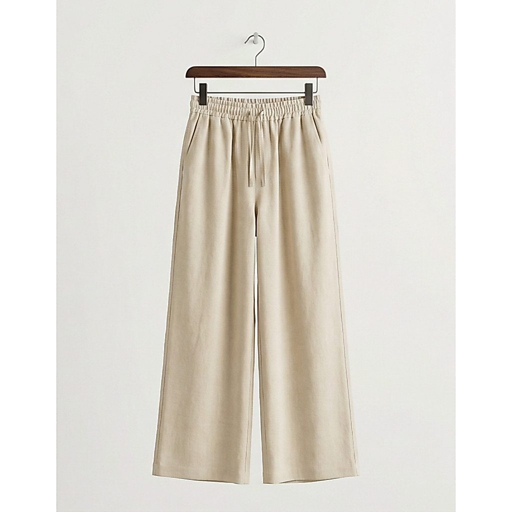 Calça Feminina Pantalona Cintura Alta Elástico c Bolso Tecido Encorpado Elegante Social