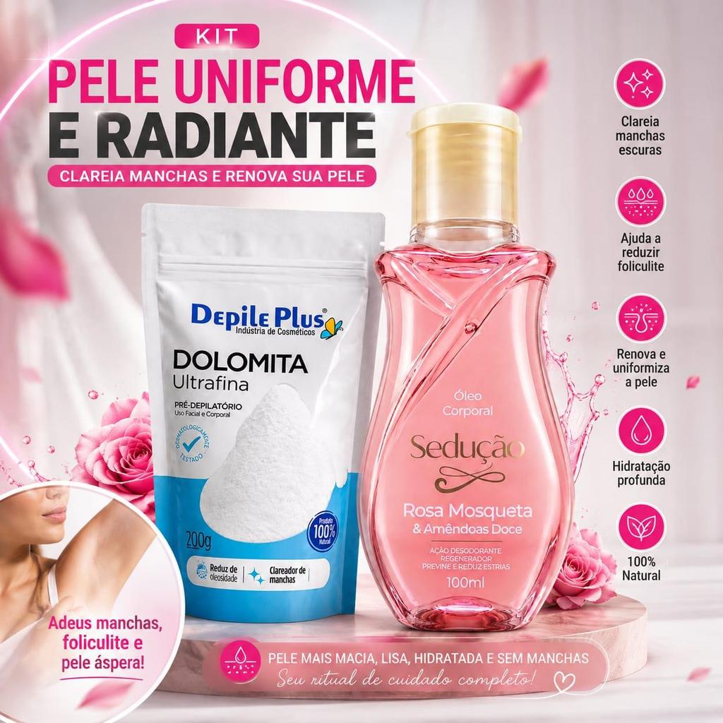 Kit Dolomita Ultrafina 200g + Óleo Rosa Mosqueta 100ml | Esfoliação e Hidratação para Axilas, Virilhas e Corpo