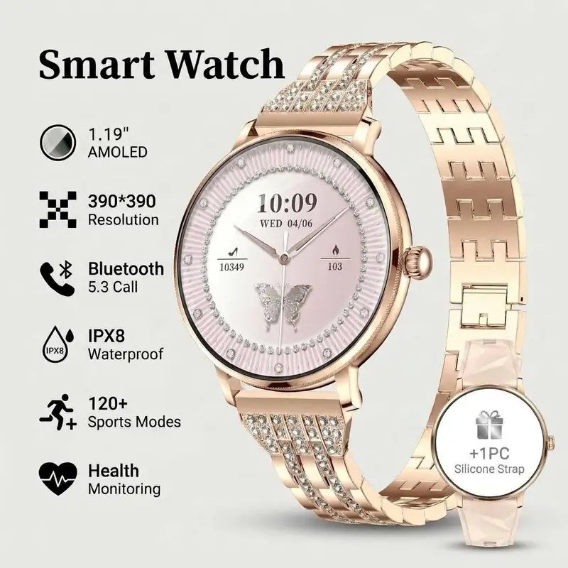 2026 Novo Smartwatch Esportivo Feminino , Tela AMOLED De 1.19', Corpo Ultrafino BT Chamada Presente De Natal Rastreament