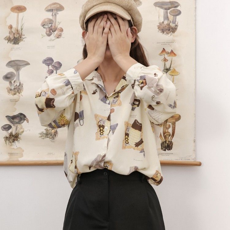 Retro estilo Hong Kong camisa impressa feminina Design nicho novo estilo outono topo camisa de manga comprida