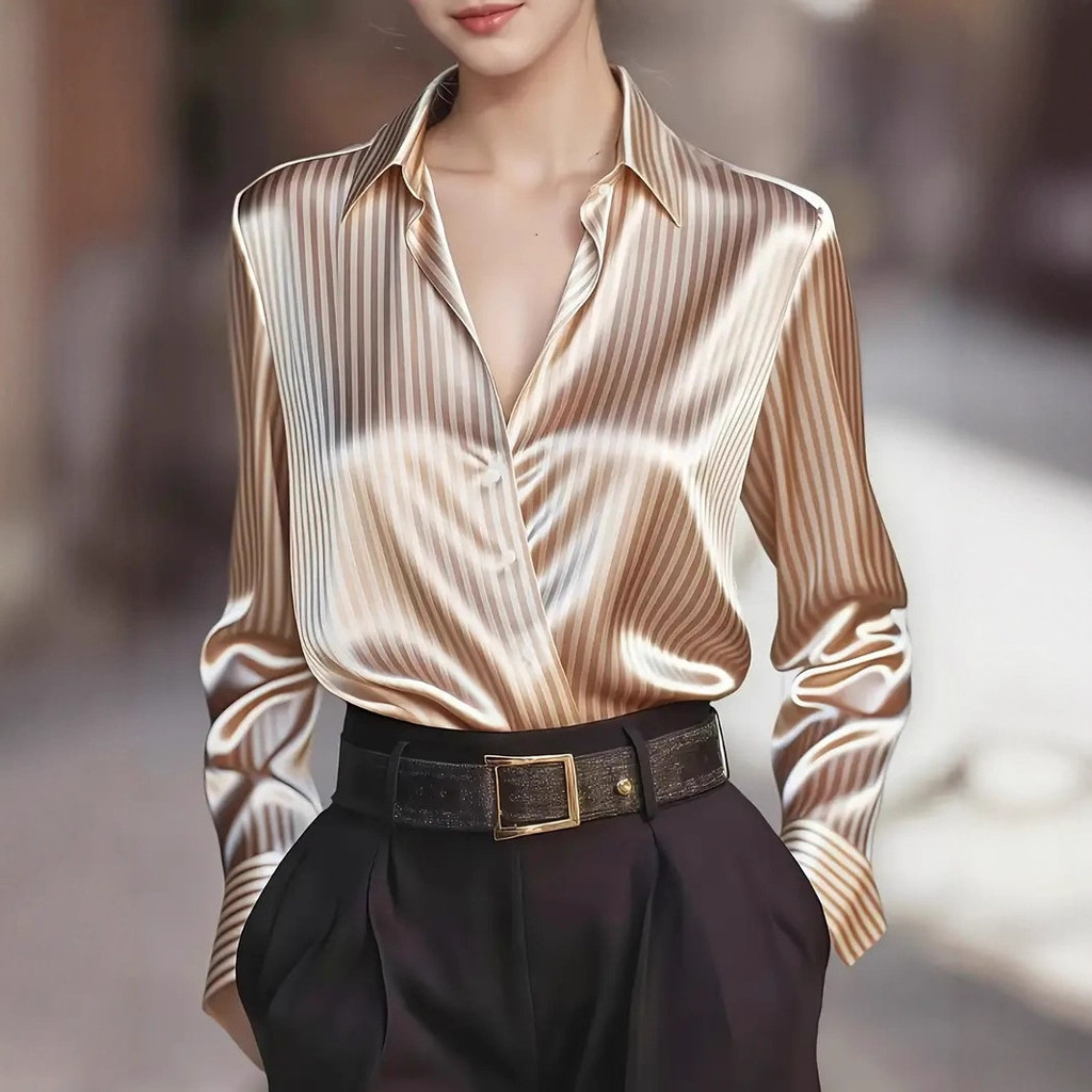 2026 Outono Moda Casual Temperamento Design Francês Sentido Retro Listras Nicho Camisa De Manga Comprida Para Mulher