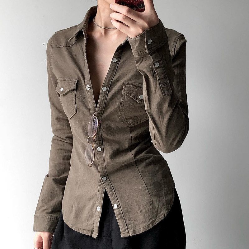 Primavera outono Merad Retro plissado lapela camisa nicho textura cintura fechada topo de manga comprida