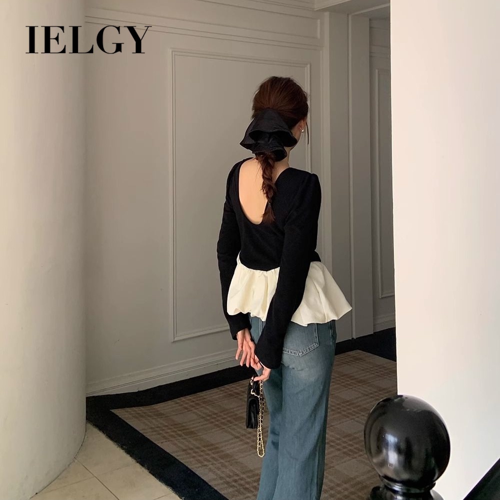 IELGY Coreano Chique Outono retro Nicho Em Torno Do Pescoço Sem Costas Emenda Babados Blusa De Manga Comprida Para Mulhe