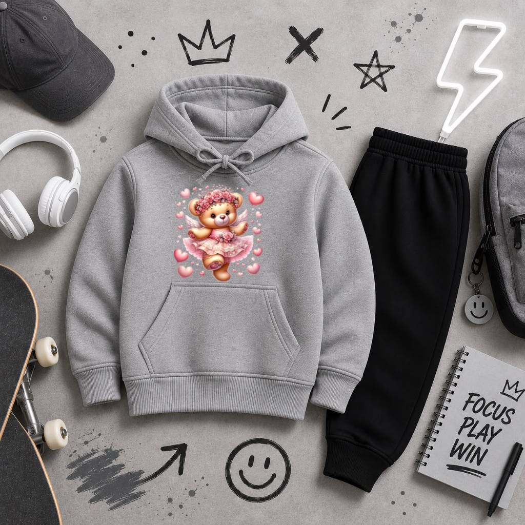 Conjunto Moletom Infantil  Canguru com Capuz Tecido Macio Ideal para Dias Frios Estampa Delicada Ursinha Fofa