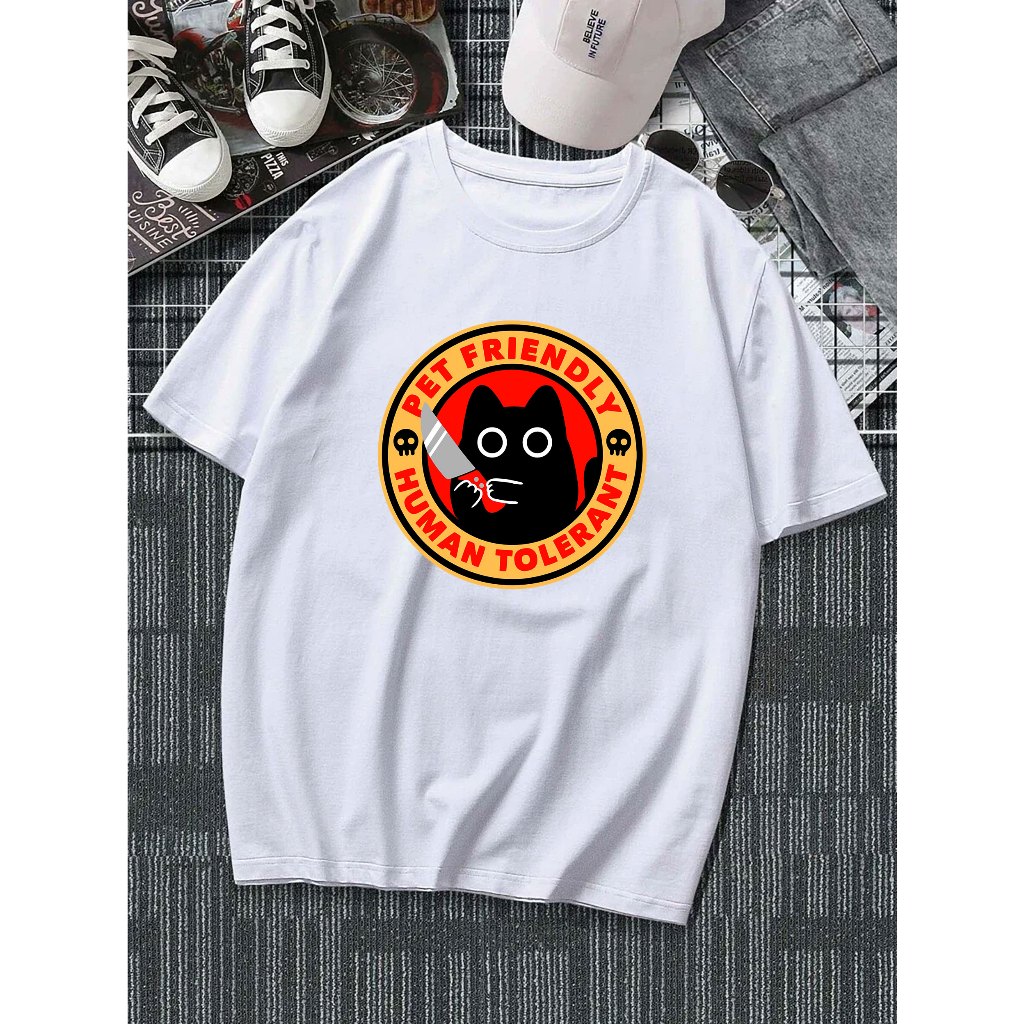 Camiseta Estampa Pet Gatinho Amigável Blusa Fofa Estilo Casual Camisa Tecido Algodão Unissex Avulsa Visual Carinhoso