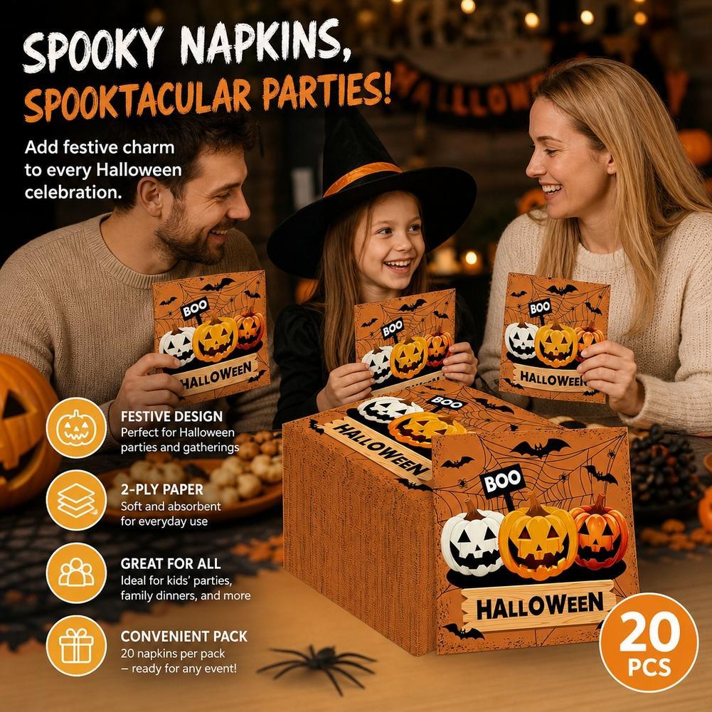 Guardanapos De Jantar Com Tema De Halloween Preto Laranja Estampas Fofas De Fantasma E Abóbora , Pacote 20 Para R2N0
