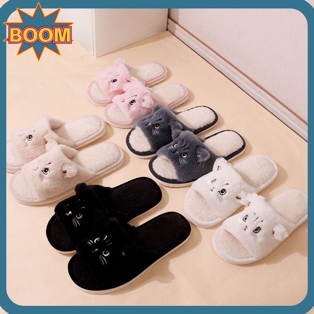 BOOM Chinelos Quentes Para Casa De Inverno , De Casais Com Textura Fofa De Tecido Macio Pelúcia Estampa De Gato