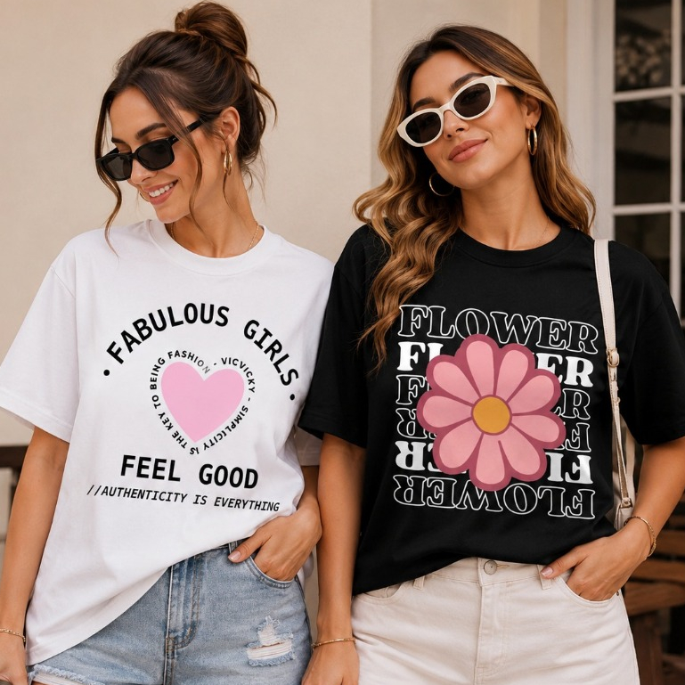 Kit 2 Camisetas Estampa Fofa Flower Fabulous Girls Dia a Dia Casual Fresca Tecido Leve