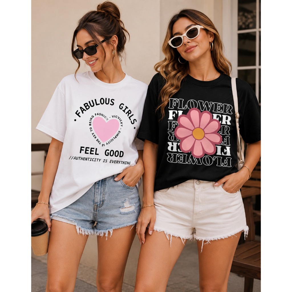 Kit 2 Camisetas Estampa Fofa Flower Fabulous Girls Dia a Dia Casual Fresca Tecido Leve