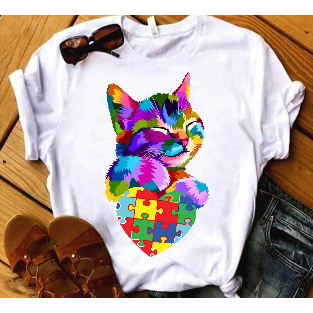 Camisa Feminina Gato TEA Amor Autismo Estampa Camiseta Algodão 100% Blusa Inclusiva Tecido Unissex Fofa