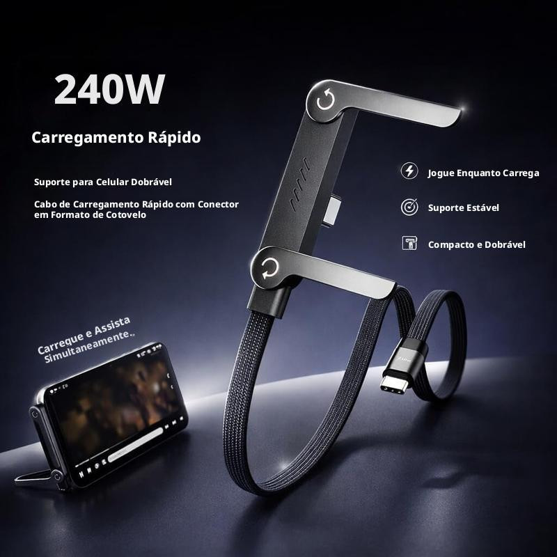 Cabo Carregador Invisível 2 em 1 240W Super Rápido Duas Pontas Type-C Preto Ideal para Carro Jogos Mag Safe Suporte Dobr