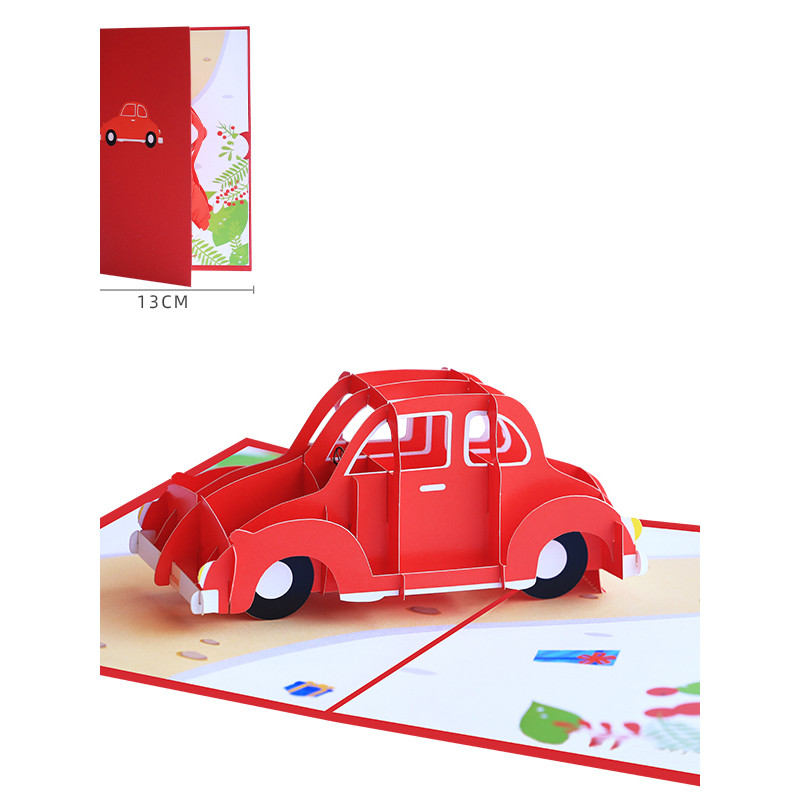 Cartão tridimensional 3D fofo de desenho animado, carro, presente de aniversário, feriado, bênção Universal, cartão dobr