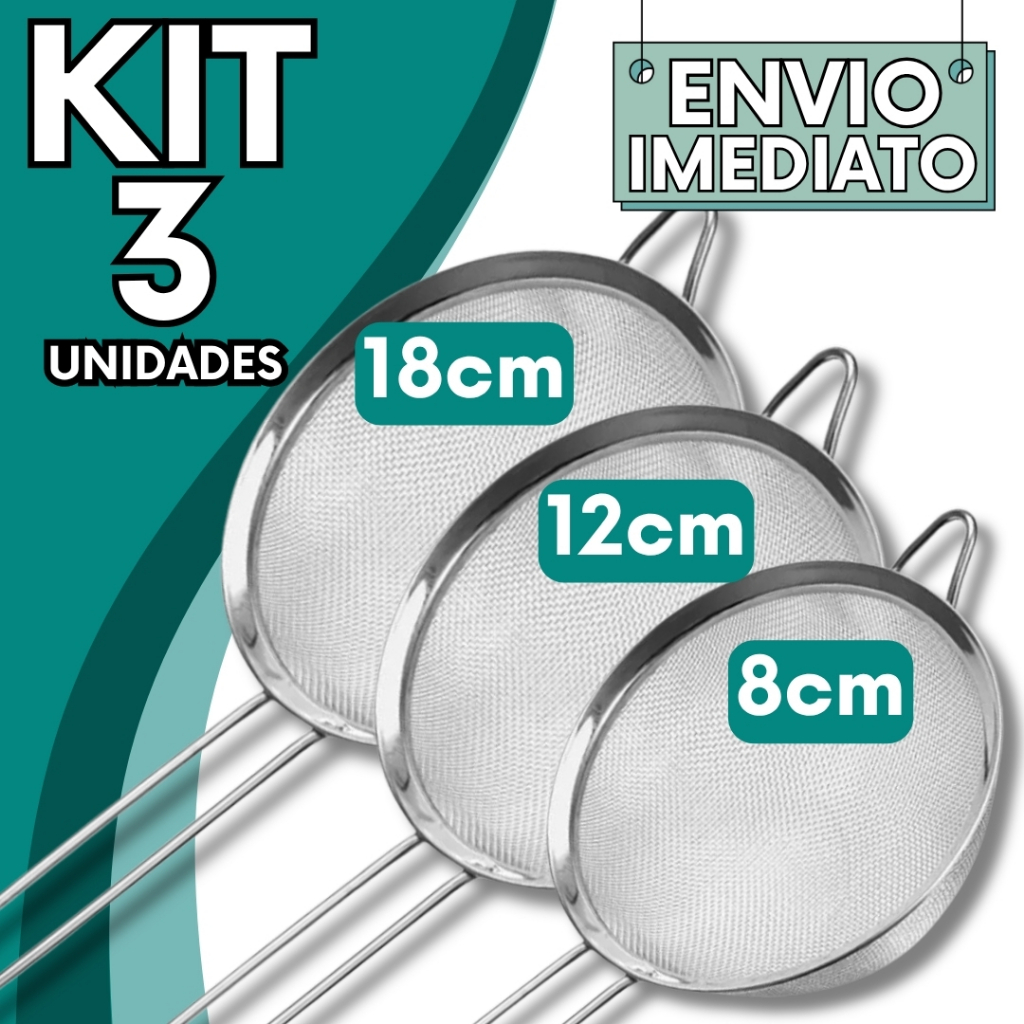 KIT 1/3 Unid Peneira Coador Aço Inox PREMIUM 18cm 12cm 8cm Super Resistente  para Cozinha Casa Restaurante Oleo Doce