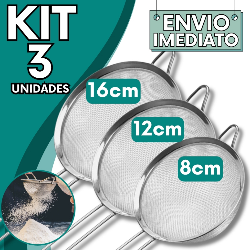 KIT  1/3 Unid Peneira Coador Aço Inox PREMIUM 16cm 12cm 8cm Super Resistente  para Cozinha Casa Restaurante Oleo Doce