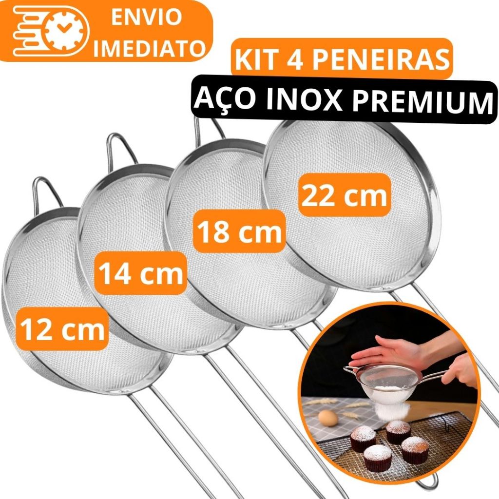 KIT 1/4 Unid Peneira Coador Aço Inox PREMIUM 22cm 18cm 14cm 12cm Super Resistente para Cozinha Casa Restaurante Farinha