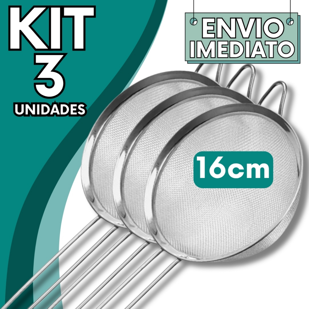 KIT Jogo 3 Peneira Coador Aço Inox PREMIUM 16cm Super Resistente  para Cozinha Casa Restaurante Oleo Doce Bolo Farinha