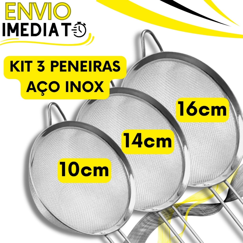 KIT 3 Peneira Coador 100% Aço Inox PREMIUM 16cm 14cm 10cm Super Resistente  para Cozinha Casa Restaurante Oleo Doces