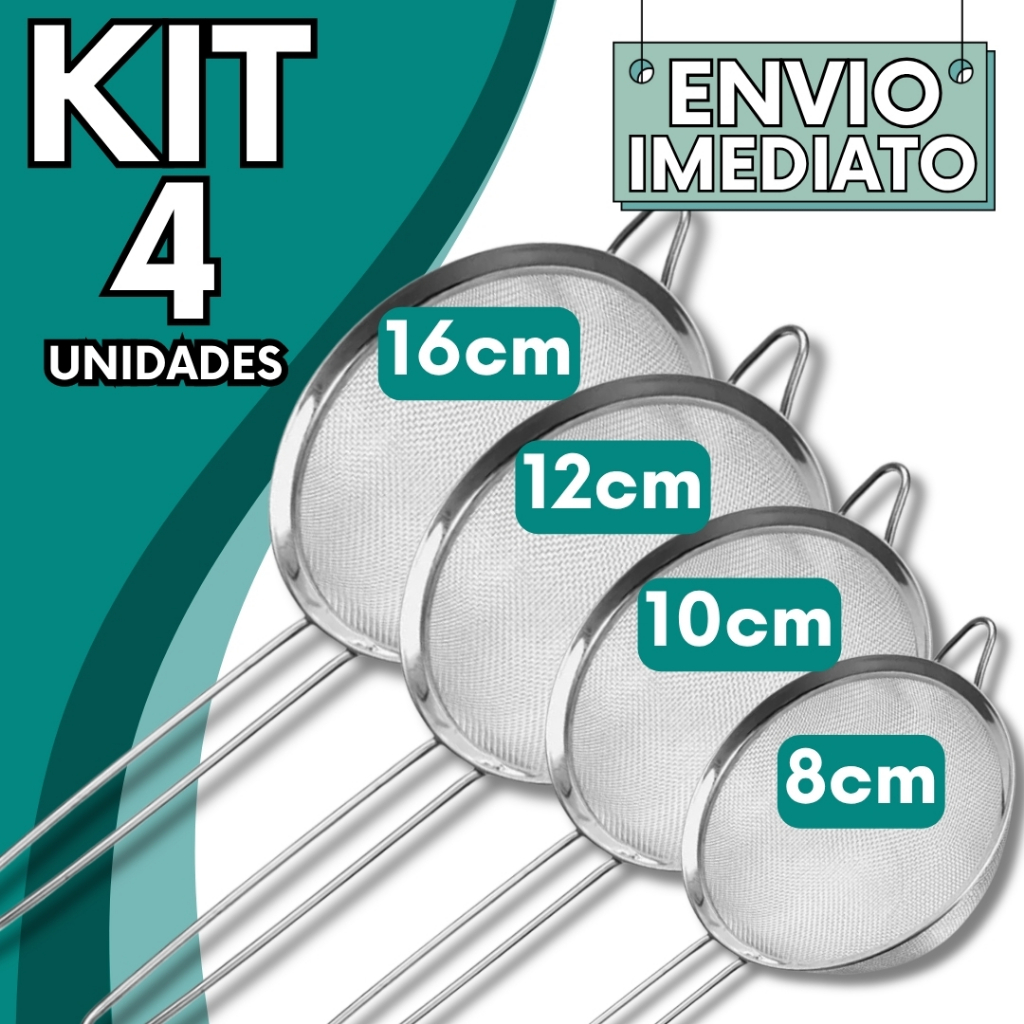 KIT  Jogo 4 Peneira Coador Aço Inox PREMIUM 16cm 12cm 10cm 8cm Super Resistente  para Cozinha Casa Restaurante Oleo Doce
