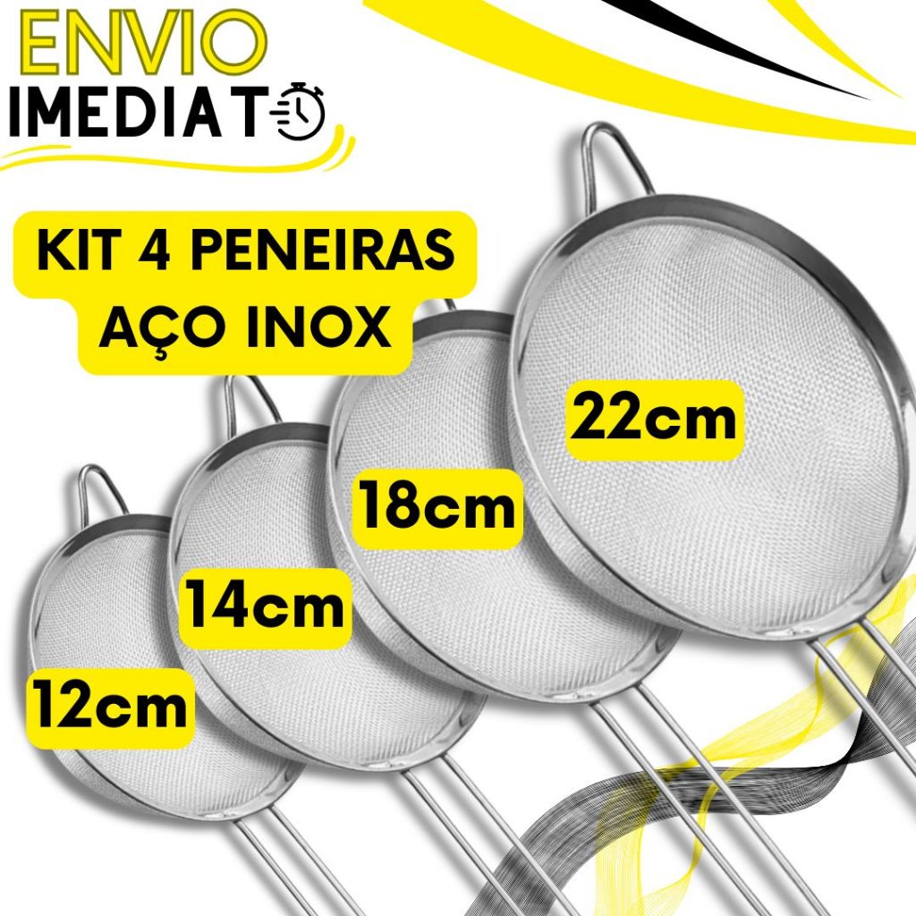 KIT 4 Peneira Coador Manual Inox 22cm 18cm 14cm 12cm Super Resistente  para Cozinha Casa Restaurante Oleo Doces Farinha