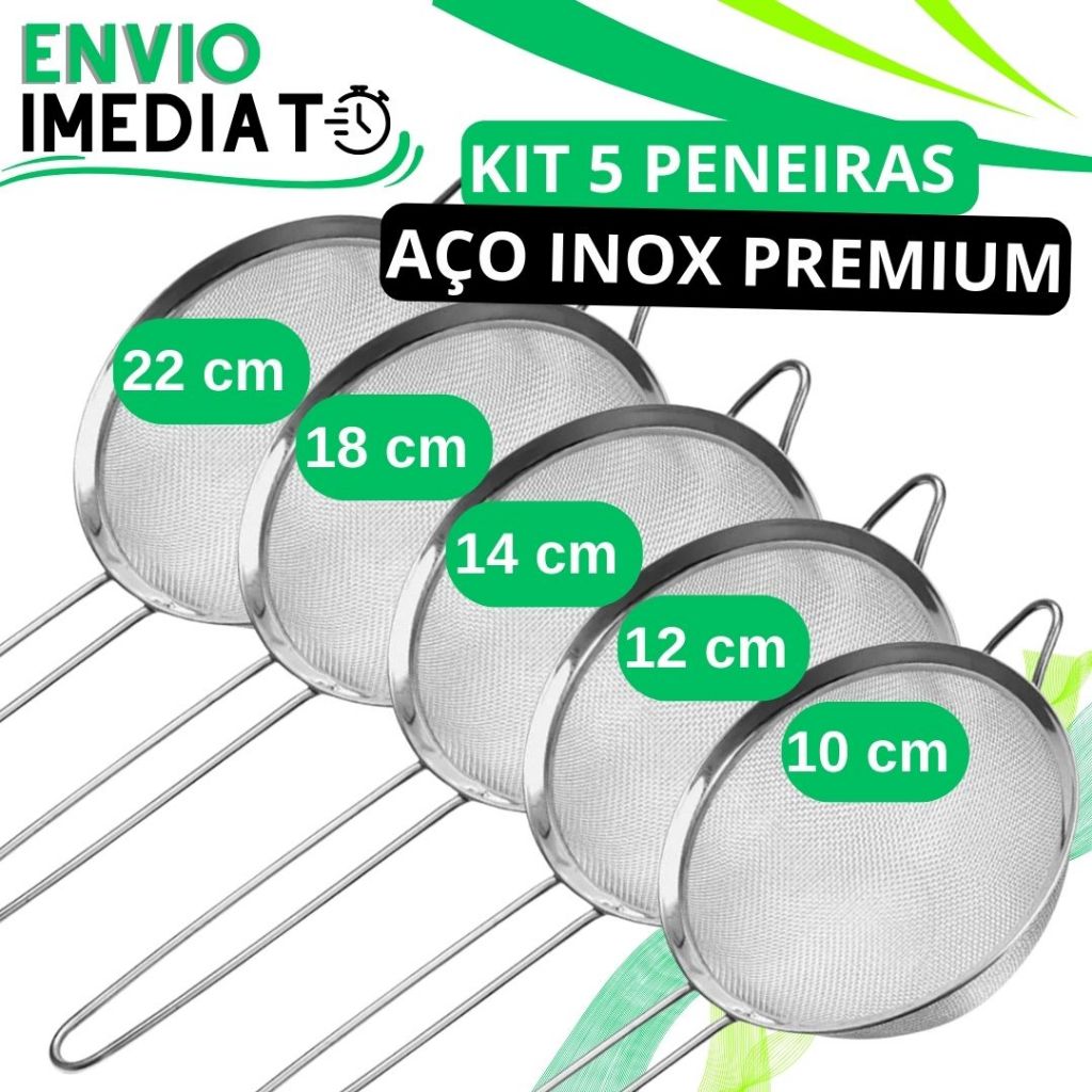 KIT 5 Peneira Coador Manual Inox PREMIUM 22cm 18cm 14cm 12cm 10cm Super Resistente  para Cozinha Casa Restaurante Oleo