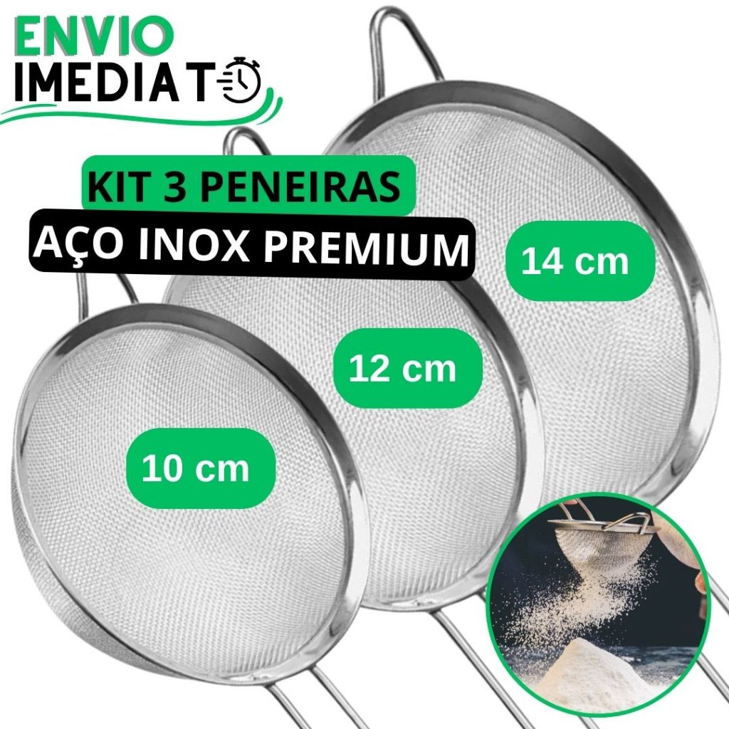 KIT 3 Peneira Coador 100% Aço Inox PREMIUM 14cm 12cm 10cm Super Resistente  para Cozinha Casa Restaurante Oleo Doces