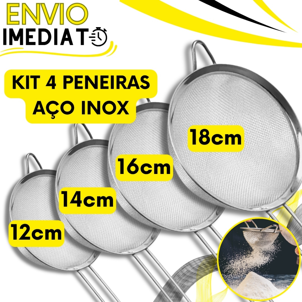 KIT 4 Peneira Coador Aço Inox PREMIUM 18cm 16cm 14cm 12cm Super Resistente  para Cozinha Casa Restaurante Oleo Doces