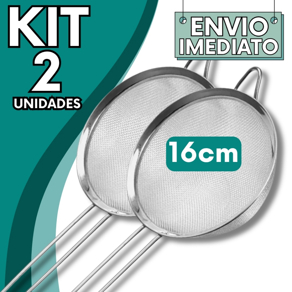 KIT Jogo 2 Peneira Coador Aço Inox PREMIUM 16cm Super Resistente  para Cozinha Casa Restaurante Oleo Doce Bolo Farinha