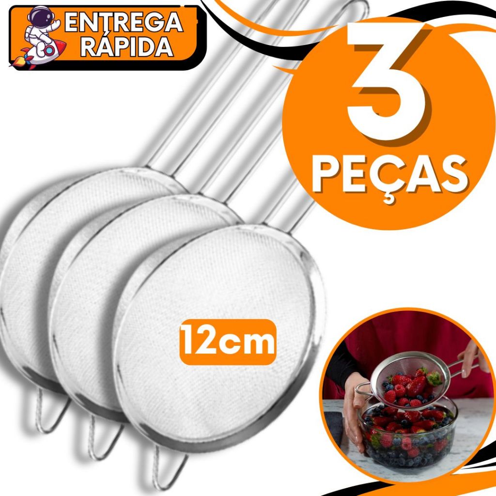 KIT 3 Peneira 12 cm Polvilhar Coador Oleo Farinha Açucar Suco Aço Inox Super Resistente Casa Restaurante Confeitaria