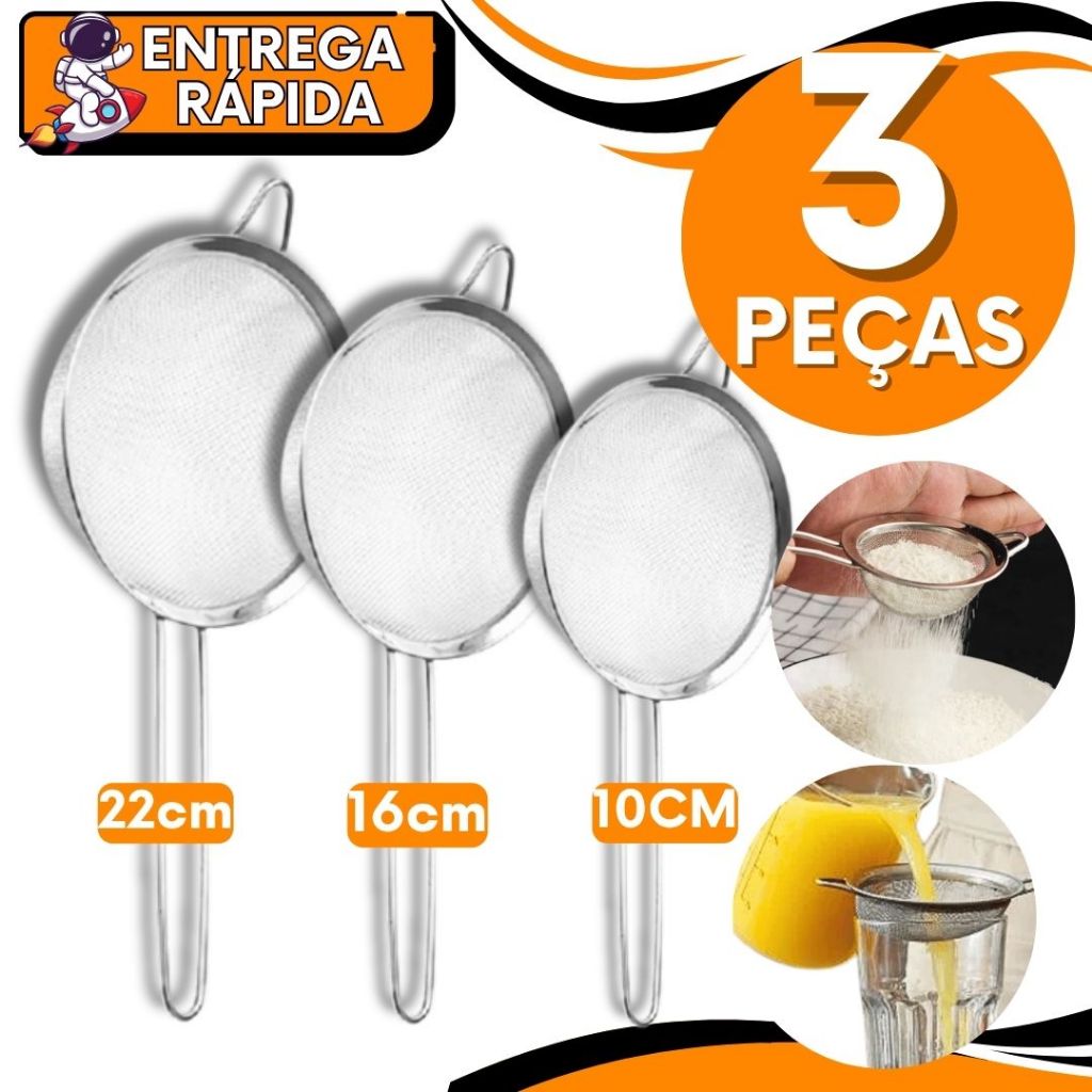 KIT JOGO 3 Peneiras Tamanho 22, 16, 10 Cm Coador de Aço Inox Super Resistente  Peneira de  Utensilio Casa Profissional
