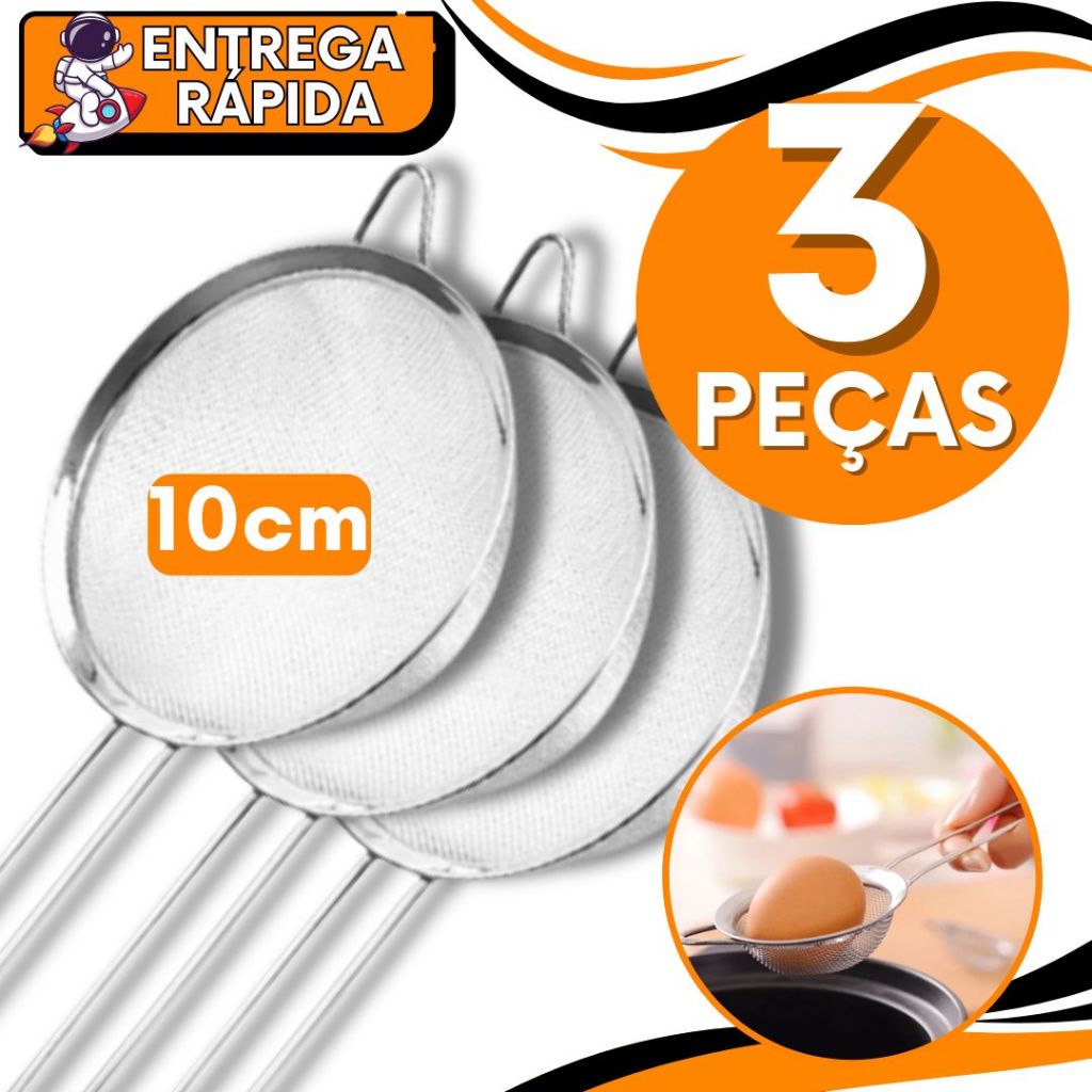 KIT 3 Peneira 10cm Polvilhar Coador Oleo Farinha Açucar Suco Aço Inox Super Resistente Casa Restaurante Confeitaria