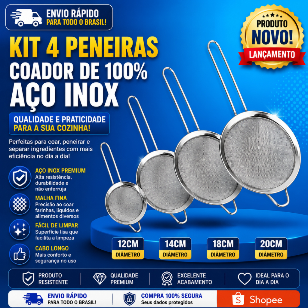 Conj 4 e 2 Peneira Coador de100% Aço Inox 12cm 14cm 18cm 20cm + 2 Peneiras 16 cm Super Resistente