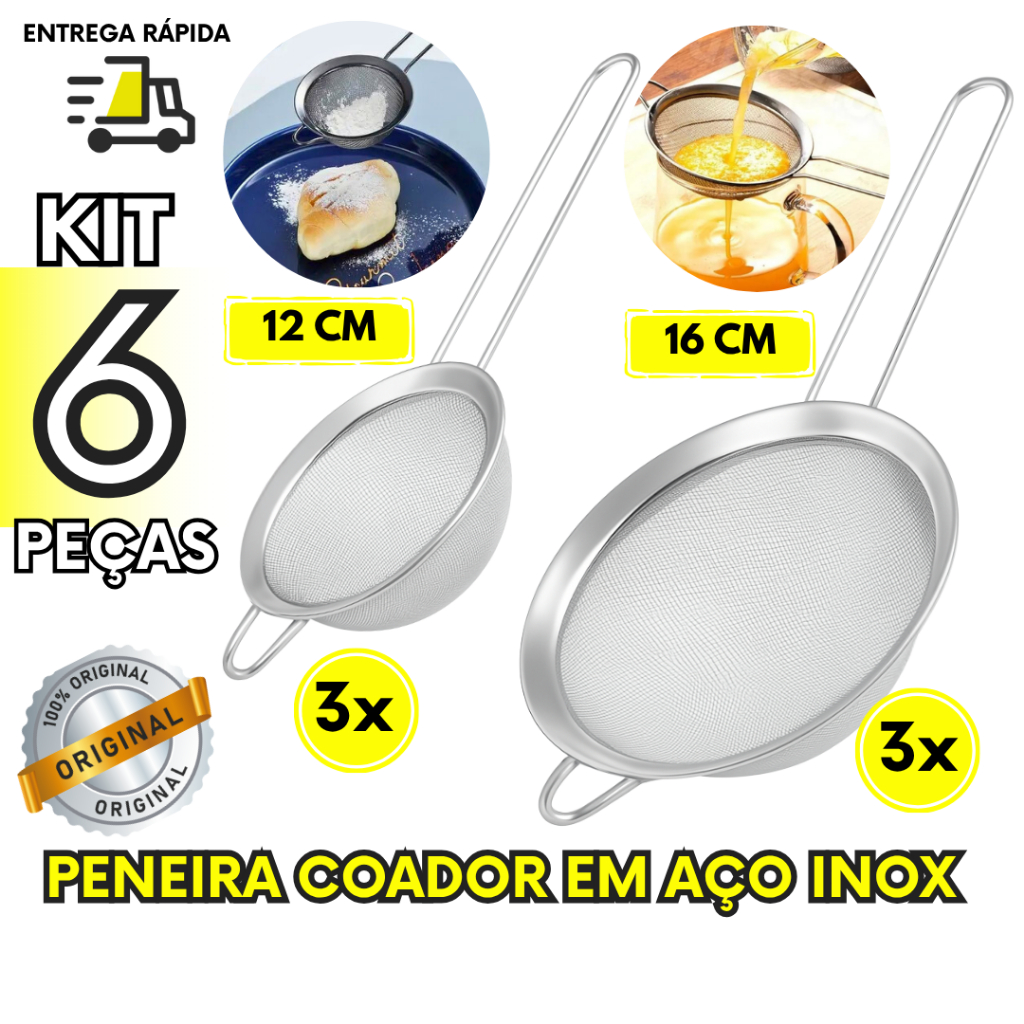 Kit 6 Peneiras Aço Inox 12cm e 16cm Coador Premium Uso Doméstico Profissional Malha Super Resistente