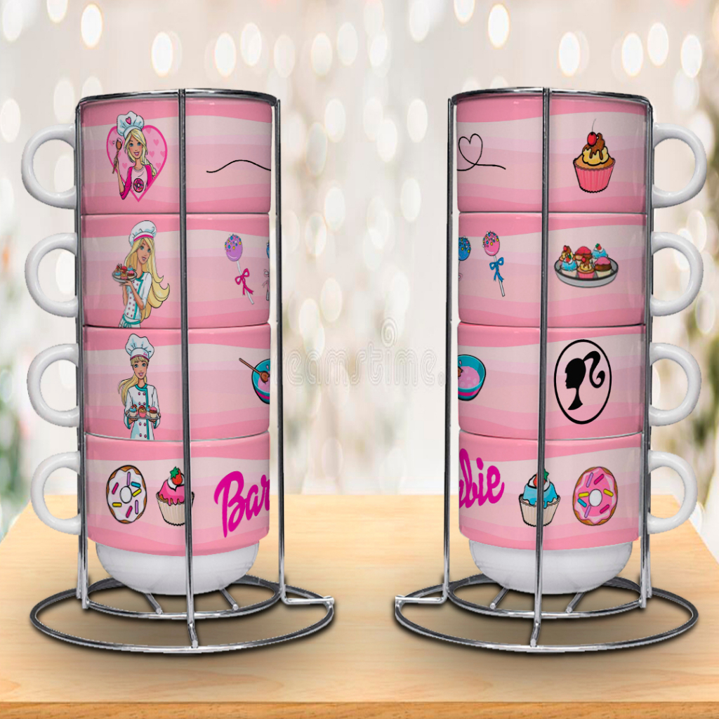 Torre 4 Xícaras Barbie Confeiteira super heroina com Suporte em Inox