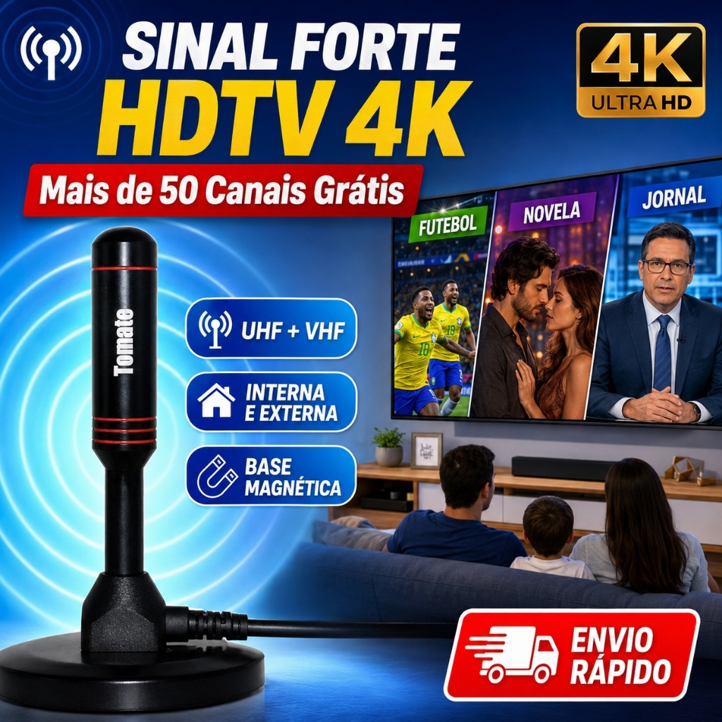 Antena Digital Tomate HDTV Interna E Externa UHF VHF Base Magnética Sinal Forte
