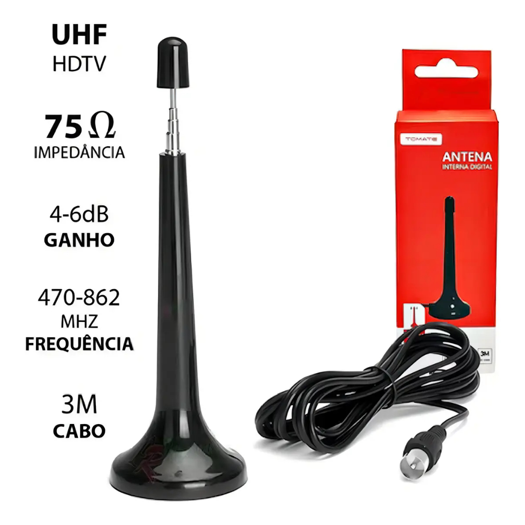 Antena Digital Interna Tomate HDTV MTV-3015 VHF/UHF/FM Cabo 3m