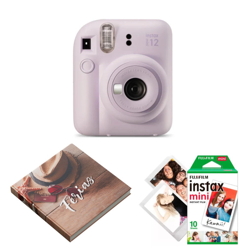 Kit Câmera Instax Mini 12 Lilás + 10 Fotos + Álbum de Campo