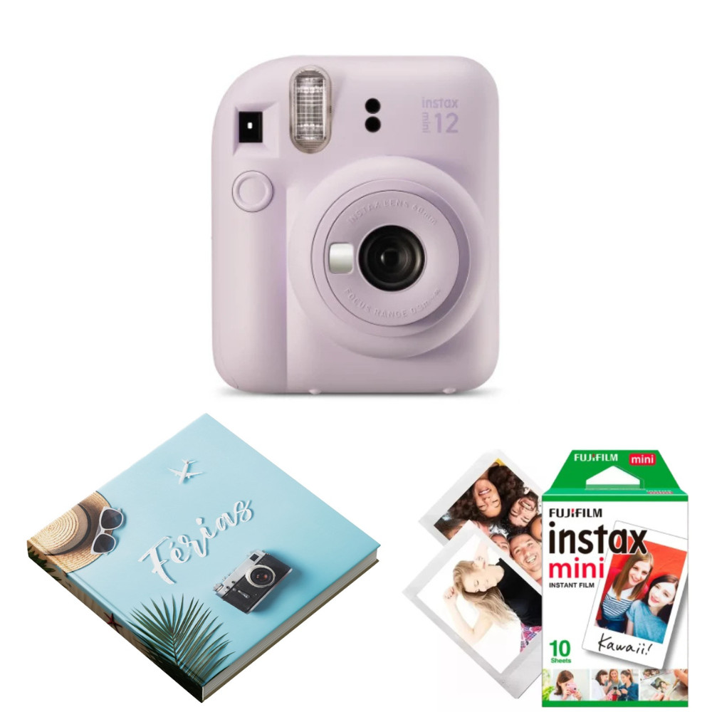 Kit Câmera Instax Mini 12 Lilás + 10 Fotos + Álbum de Praia